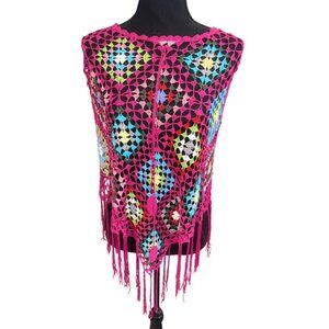 Say What? Crochet Multicolor Fringe Poncho Top One Size 100% Boho Hippie Retro